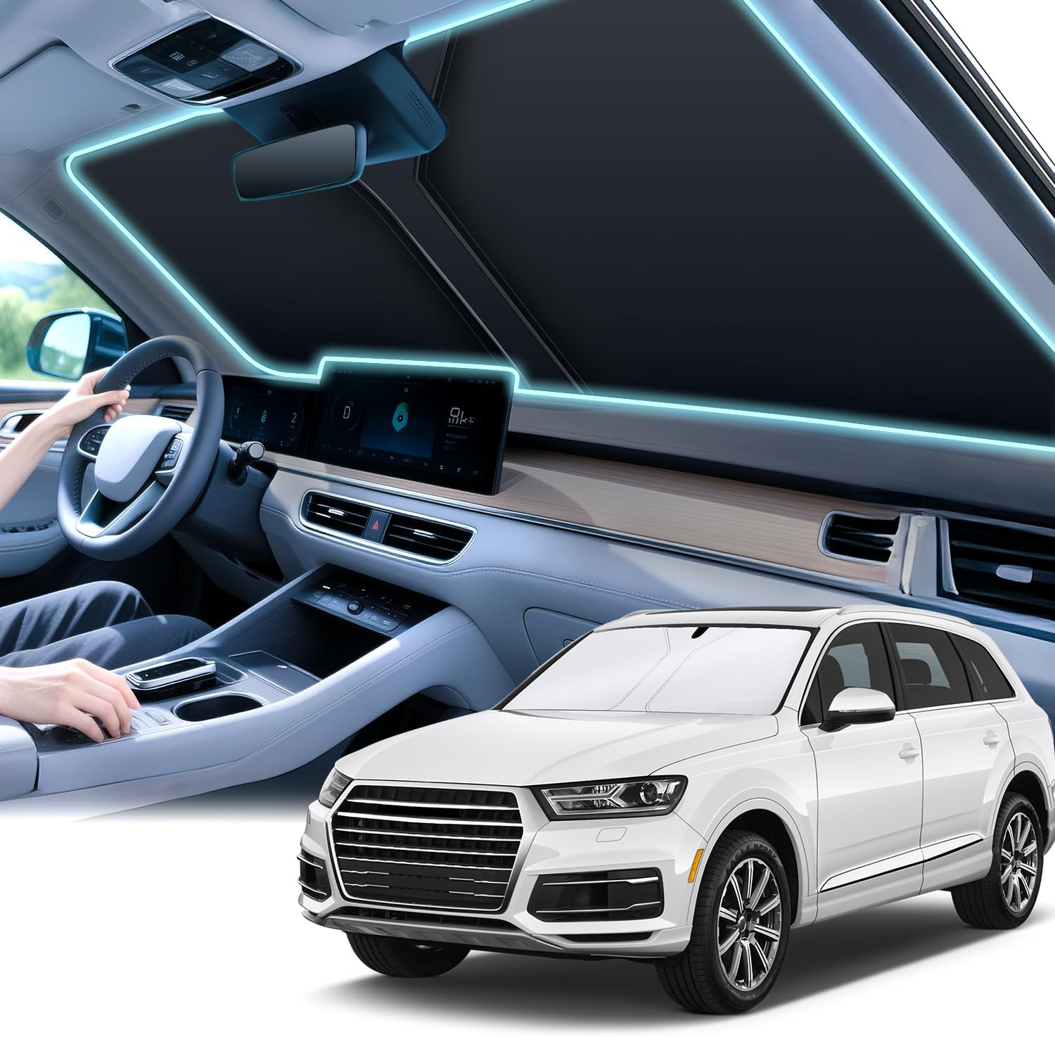 SINGARO 300T Universal Car Windshield Sun Shade, Foldable Reflective for Windshield & Window Shades with Overlapping Design, Car Interior Accessories (55″ L x 26.7″ W)
