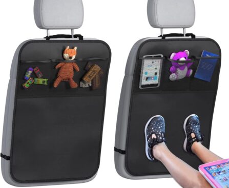 lebogner Back Seat Cover For Kids + 3 Pocket Storage Organizer, 2 Pack X-Large Waterproof Kick Mats Backseat Protector, Car Seat Back Protectors For Vehicles To Protect From Dirt, Mud & Scratches