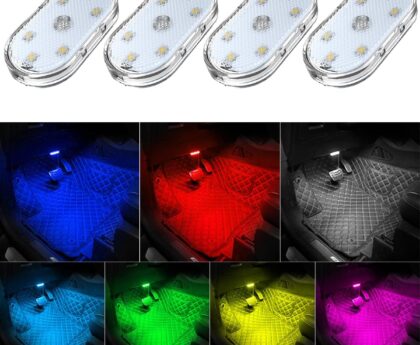 4Pcs Car LED Lights Interior Wireless, 7 Colors Interior Car Lights with 6 Bright LED Lamp Beads, Portable USB Rechargeable Car Interior Led Night Light for Car Decor