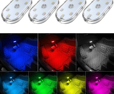 4Pcs Car LED Lights Interior Wireless, 7 Colors Interior Car Lights with 6 Bright LED Lamp Beads, Portable USB Rechargeable Car Interior Led Night Light for Car Decor