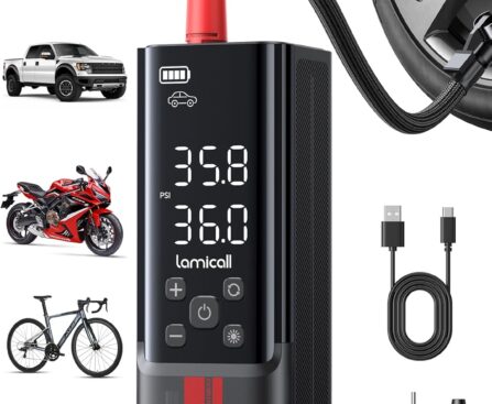 Lamicall Portable Car Tire Inflator – Air Compressor [150 PSI] [4X Faster] Cordless Car Air Pump with Rechargeable Battery, Digital Display Pressure Gauge, LED Light, for Cars, Motorcycles, Bike, Ball