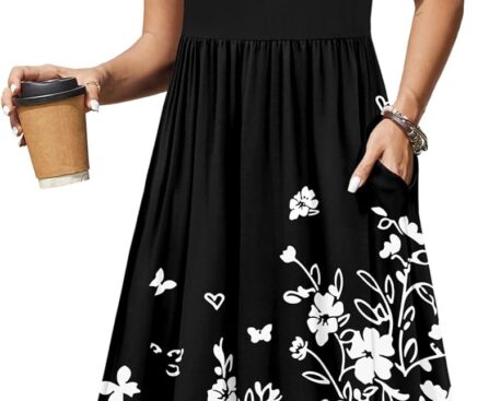 Zeagoo Women Summer Short Sleeve Midi Dress with Pockets Casual Aline Flowy Tshirt Dress Floral Vocation Beach Sundress