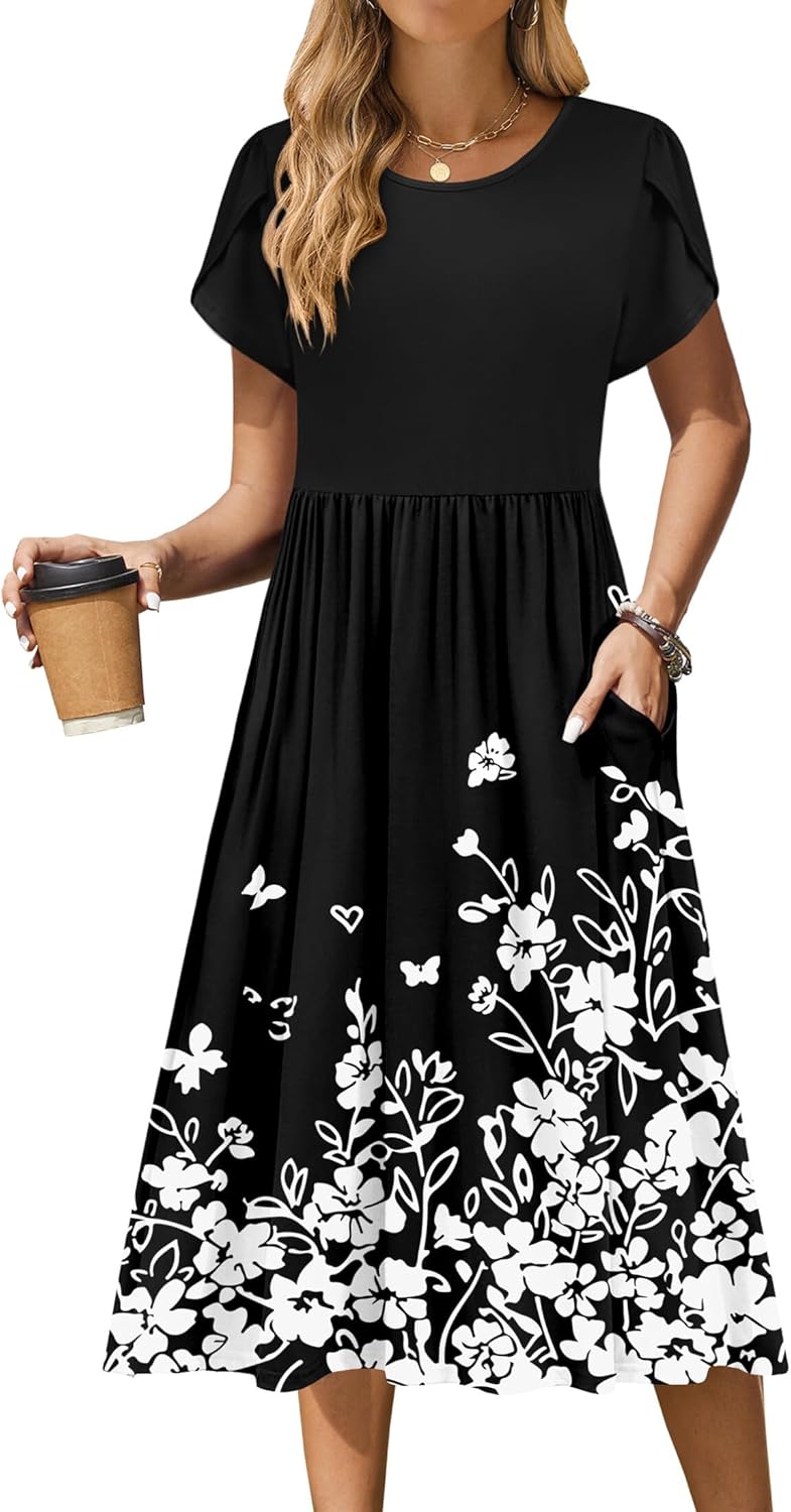 Zeagoo Women Summer Short Sleeve Midi Dress with Pockets Casual Aline Flowy Tshirt Dress Floral Vocation Beach Sundress