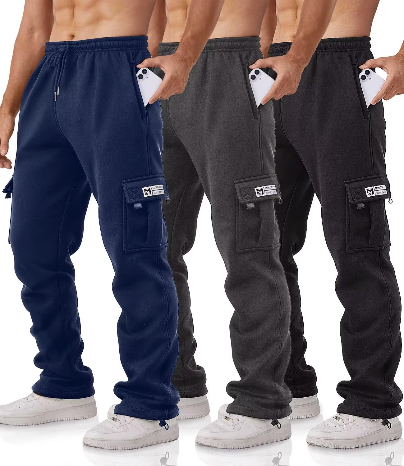 Cargo Pants for Men 3 Pack Relaxed Fit Mens Joggers with Pockets,Fleece Hiking Tactical Workout Pants Casual