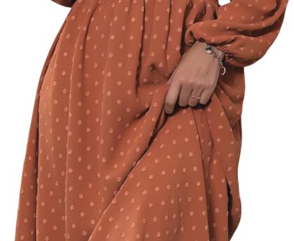 Mettclasi Women’s Spring Fall Swiss Dot V Neck Maxi Dress Casual Puff Long Lantern Sleeve A-Line Flowy Dress