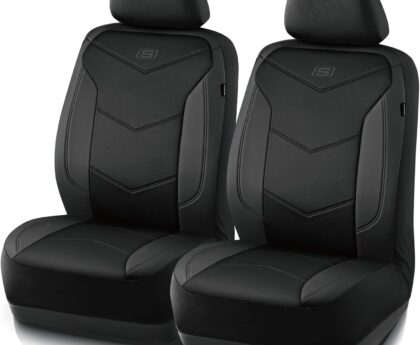Skechers Memory Foam Seat Covers,Leather Car Seat Covers, Ultimate Comfort & Support Front Seat Covers Airbag Compatible, Automotive Universal Fit Most for SUVs, Vans, Sedans, Cars, Trucks,Black