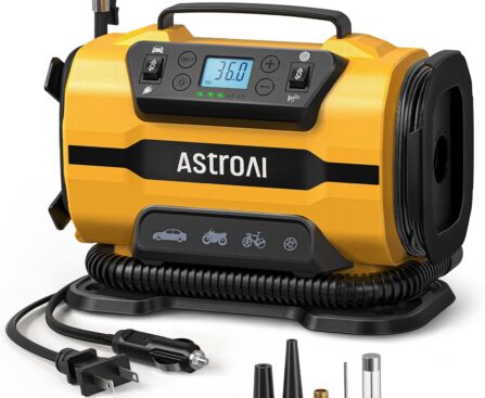 AstroAI Tire Inflator Portable Air Compressor Pump 150PSI 12V DC/110V AC with Dual Metal Motors&LED Light, Automotive Car Accessories&Two Modes for Car, Bicycle Tires and Air Mattresses, Yellow