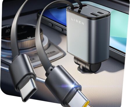 LISEN Retractable Car Charger USB C for iPhone 17, 69W Dual Type C Car Charger USBC Cargador para Carro for iPhone 17 Pro Max Air, Retractable Charger for Car fit iPhone 16 15 Pro Max Air, Black