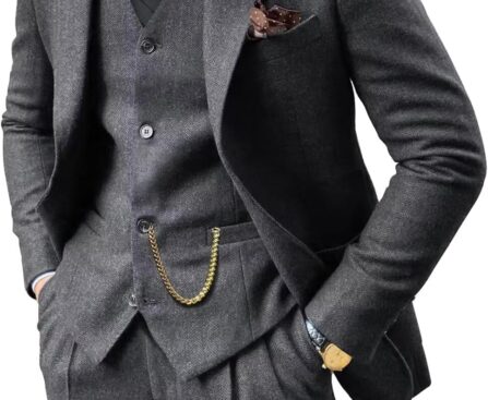 Retro 3 Piece Suit Tweed Herringbone Men’s Suits Slim Fit Groom Tuxedos Set Prom Brown Grey Jacket Blazer Vest Pants