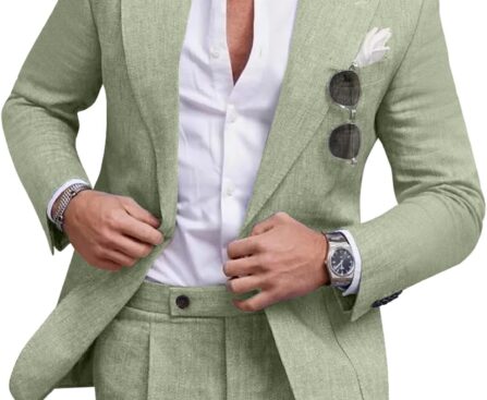 Linen Men Suit Set Casual Tuxedo 2 Piece Regular Fit Blazer One Button Solid Jacket and Pants for Prom Wedding Party