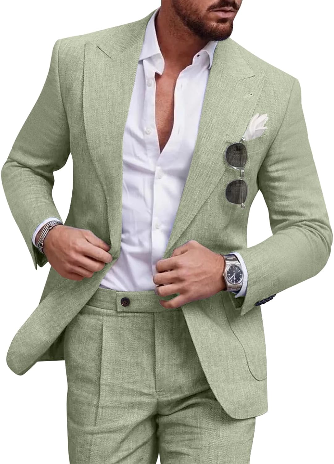 Linen Men Suit Set Casual Tuxedo 2 Piece Regular Fit Blazer One Button Solid Jacket and Pants for Prom Wedding Party