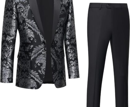 Tuxedo Suits for Men 2 Piece Regular Fit Suit Floral Blazer Jacket Waistcoat Pants Men Suit Set for Wedding Prom