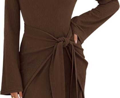 dowerme Women’s Casual Mini Dress 2025 Bell Long Sleeve Boat Neck Tie Waist Bodycon Dresses Knitted Party Fall Outfits