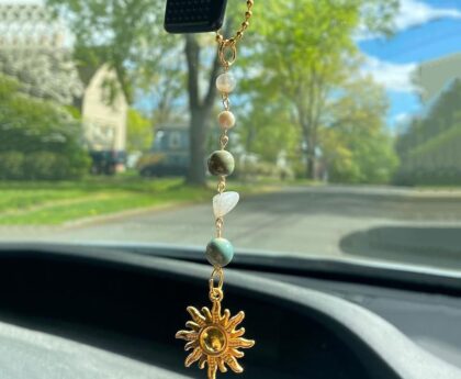 Sun Hanging Car Charm,Green and Gold Rear View Mirror Accessories Cute Boho Dangling Sun Car Decor Handmade Healing Crystals Stones Ornament Gifts for Women Men (Green)