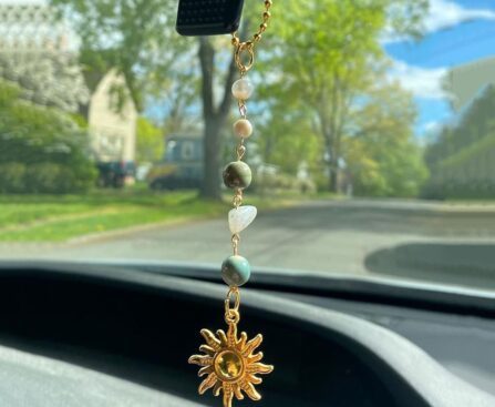 Sun Hanging Car Charm,Green and Gold Rear View Mirror Accessories Cute Boho Dangling Sun Car Decor Handmade Healing Crystals Stones Ornament Gifts for Women Men (Green)