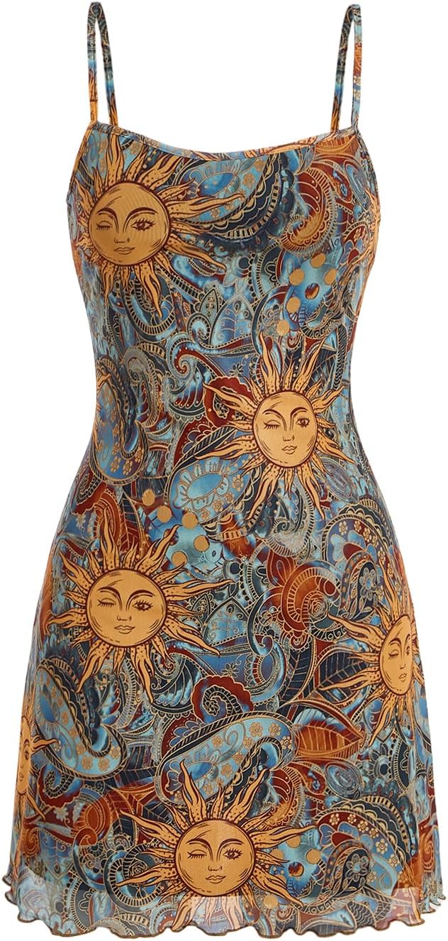 Milumia Women’s Vintage 90s Mini Dress Spaghetti Strap Boho Mesh Short Dresses