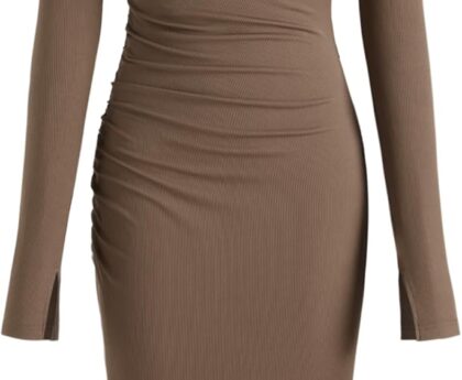 CIDER Long Sleeve Dress for Women High Neck Ribbed Knit Bodycon Ruched Midi Dress Cocktail Party Sweater Solid Dress