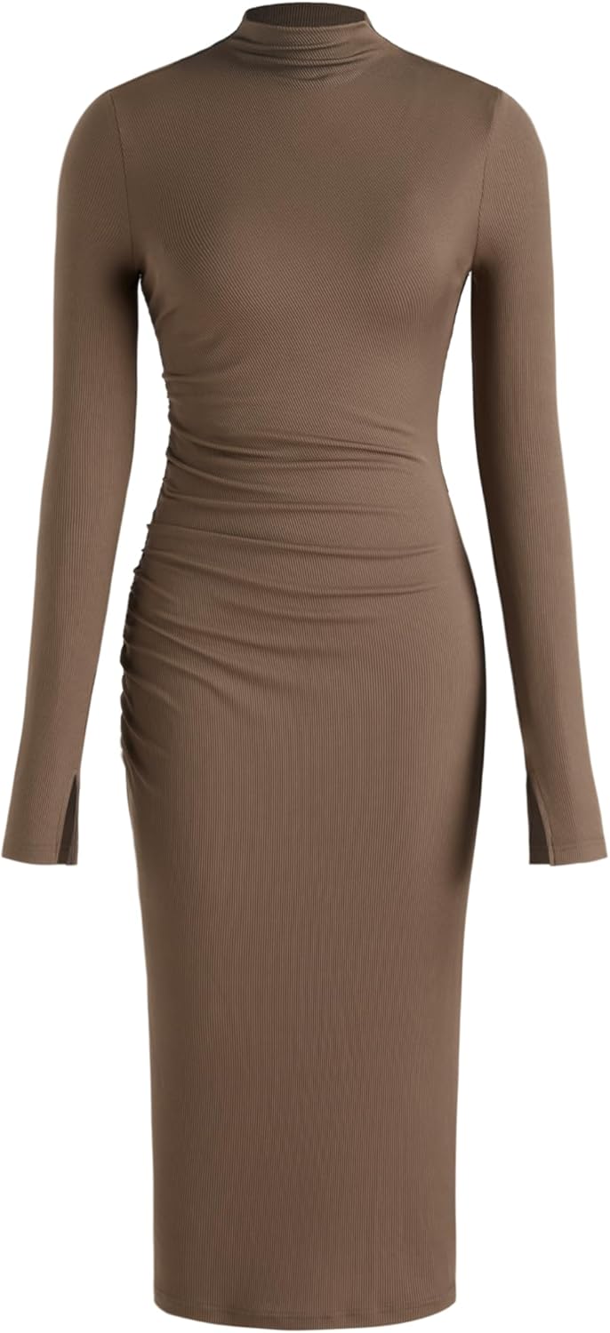 CIDER Long Sleeve Dress for Women High Neck Ribbed Knit Bodycon Ruched Midi Dress Cocktail Party Sweater Solid Dress