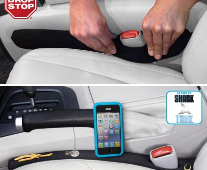 Drop Stop – The Original Patented Car Seat Gap Filler (As Seen On Shark Tank) – Between Seats Console Organizer, Set of 2 and Slide Free Pad and Light