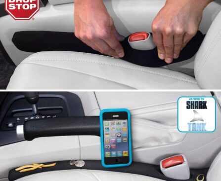 Drop Stop – The Original Patented Car Seat Gap Filler (As Seen On Shark Tank) – Between Seats Console Organizer, Set of 2 and Slide Free Pad and Light