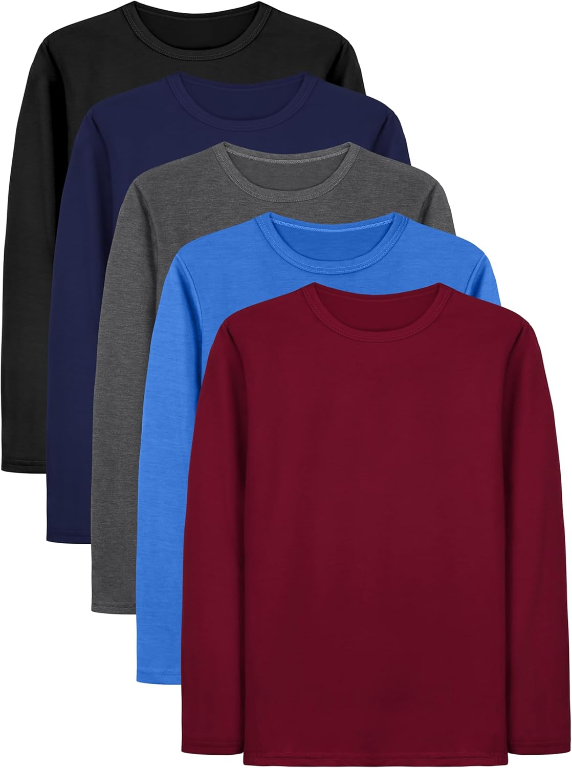 Cooraby 5 Pack Toddler Boys Long Sleeve Shirts Soft Crewneck Top Tees Shirts Kids Solid Colors 2-14 Years