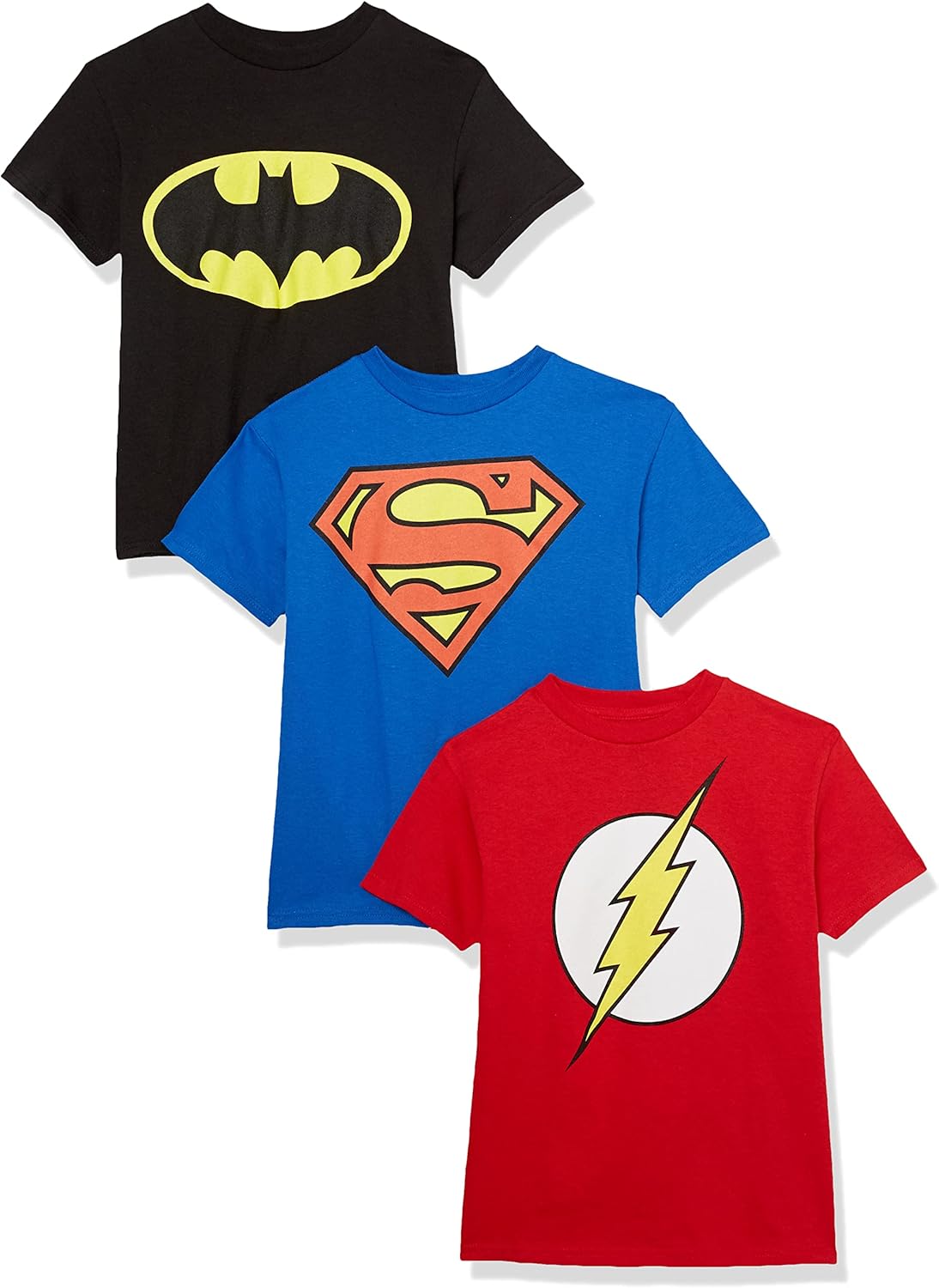 DC Comics Kids’ Batman, Superman, The Flash 3 Pack Logo T-Shirt Bundle Set