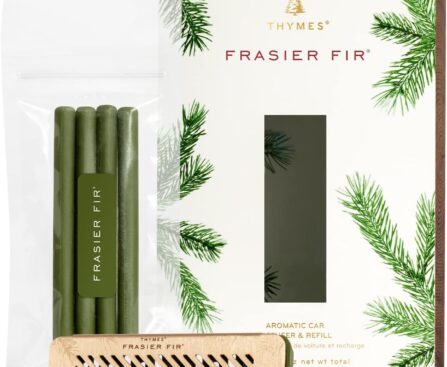 Thymes Frasier Fir Car Diffuser Kit + Refills – Vent Clip Air Freshener + 4 Frasier Fir Diffuser Reeds – Car Air Fresheners with Fresh Scent – Long-Lasting Fragrance