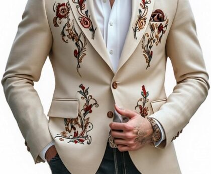 Men’s Embroidered Cotton Linen Blazer,Vintage Western Style Tailored Fit Lightweight Jacket for Casual Semi-Formal Occasions