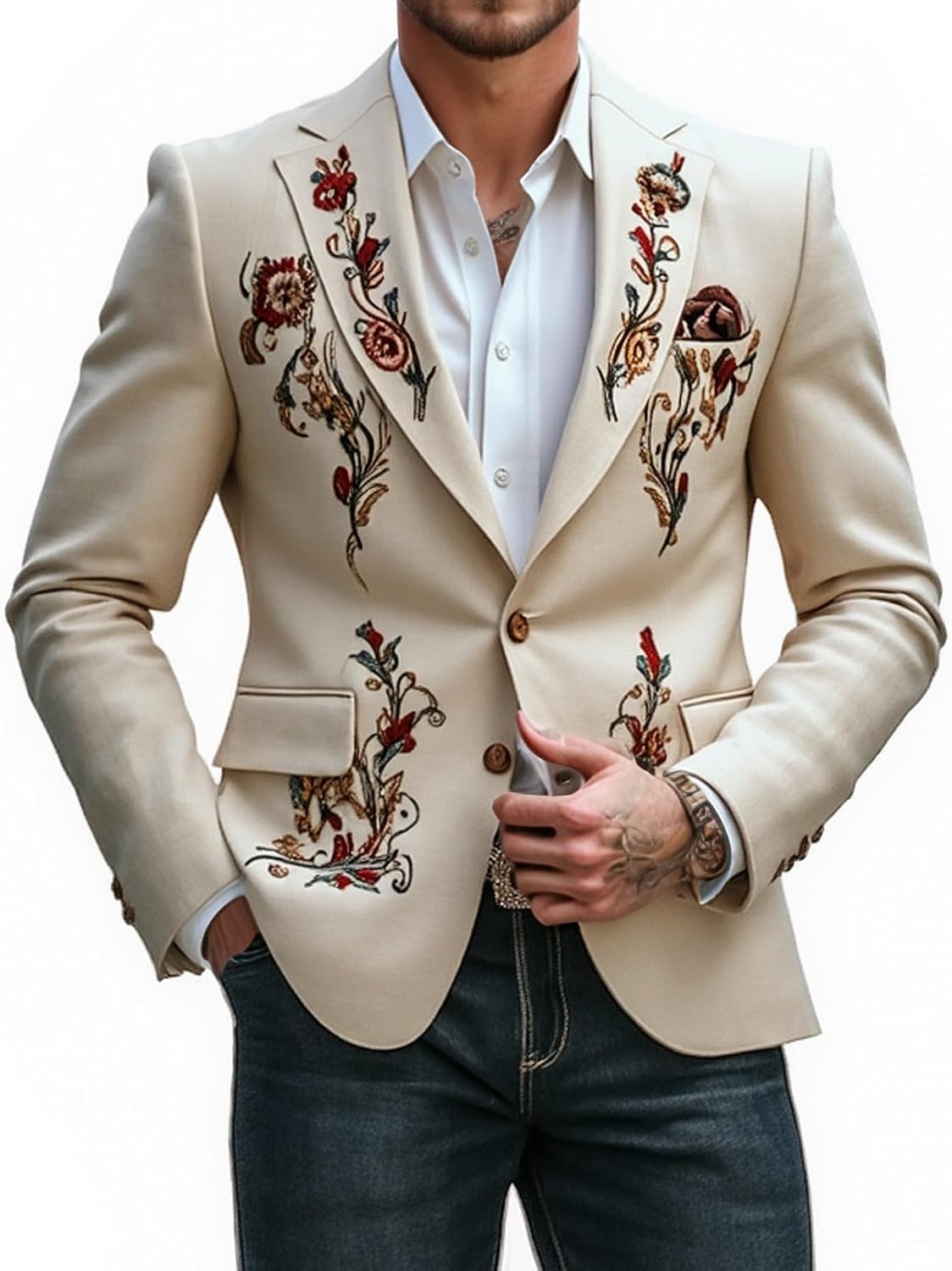 Men’s Embroidered Cotton Linen Blazer,Vintage Western Style Tailored Fit Lightweight Jacket for Casual Semi-Formal Occasions