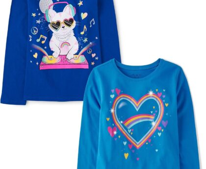 The Children’s Place Girls’ Unicorns,Sports,Butterflies Long Sleeve Graphic T-Shirts,2 Pack