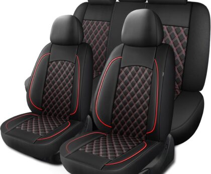 Car Seat Covers Full Set,Breathable and Waterproof Napa Leather Car Seat Cover,Interior Universal Fit for Cars,Sedans,SUVs,Vans,Trucks(Full Seat,Black+Red,N3)