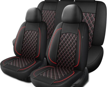 Car Seat Covers Full Set,Breathable and Waterproof Napa Leather Car Seat Cover,Interior Universal Fit for Cars,Sedans,SUVs,Vans,Trucks(Full Seat,Black+Red,N3)