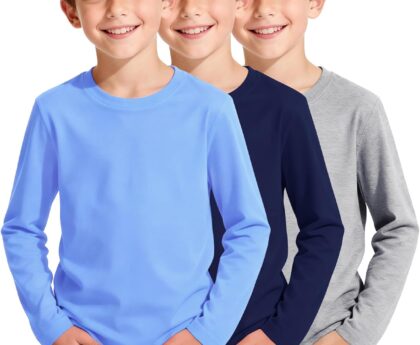 3 Pack Boys Long Sleeve Shirts Girls Cotton Crewneck T-Shirts Kids Basic Soft Long Sleeve Tees Top 5-13 Years