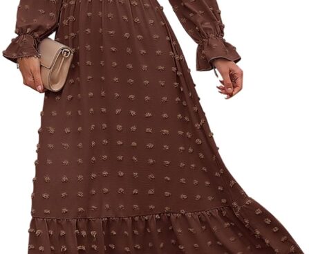 BTFBM Women Fall Maxi Dresses 2025 Long Sleeve V Neck Swiss Dots High Waisted A-Line Ruffle Boho Long Dress Vacation