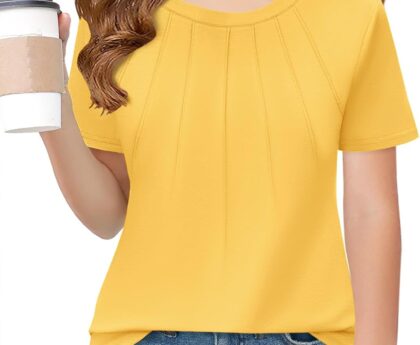 Haloumoning Girls Pleated T Shirts Kids Summer Short Sleeve Fashion Tops Tees 5-14 Years