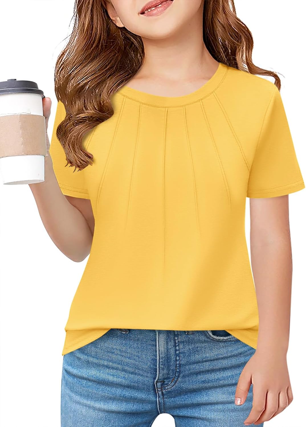 Haloumoning Girls Pleated T Shirts Kids Summer Short Sleeve Fashion Tops Tees 5-14 Years