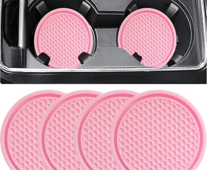 Car Cup Coaster, 4PCS Universal Auto Non-Slip Cup Holder Embedded in Ornaments Silicone Coaster, Car Interior Accessories Sets, Pink