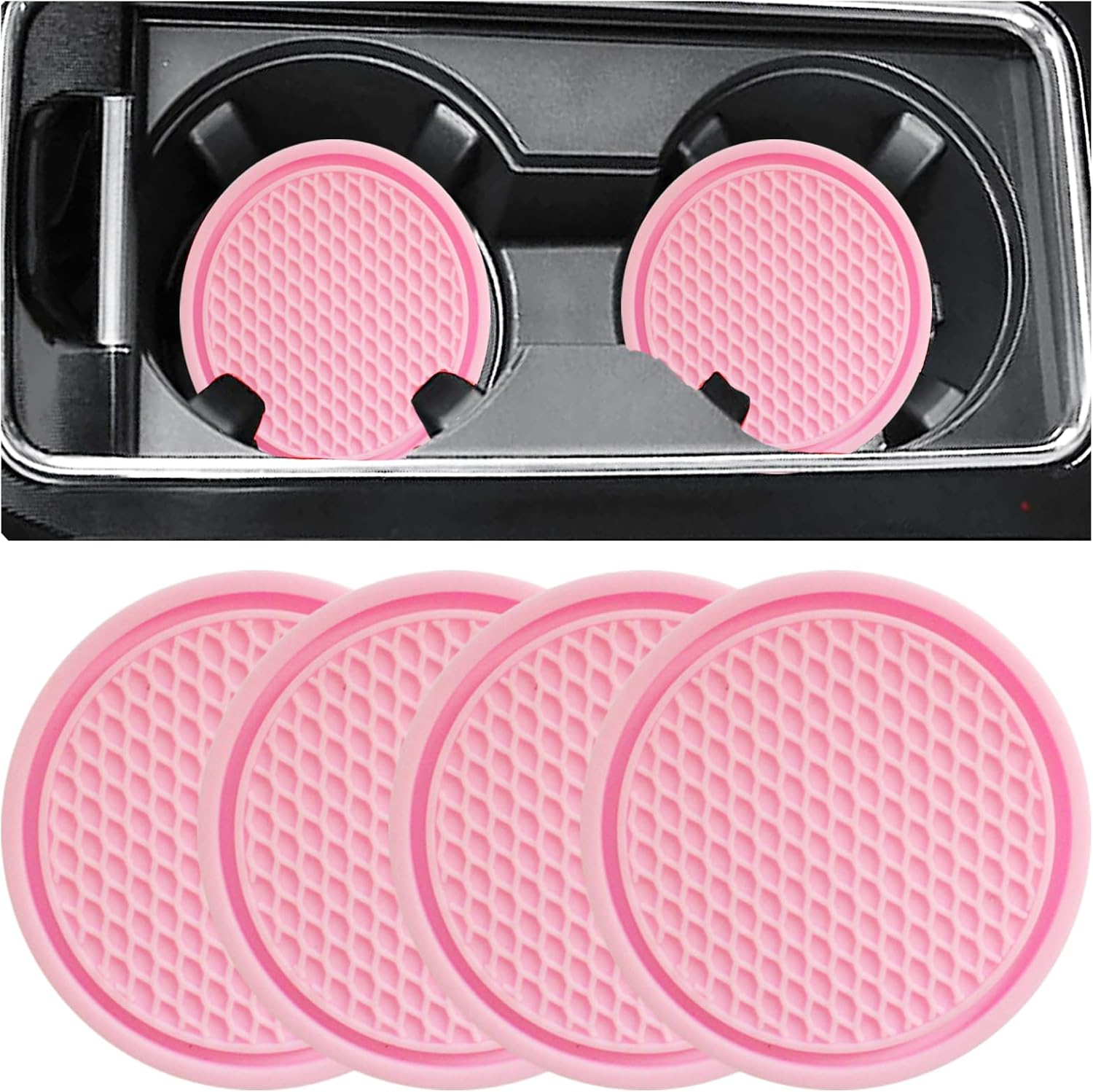 Car Cup Coaster, 4PCS Universal Auto Non-Slip Cup Holder Embedded in Ornaments Silicone Coaster, Car Interior Accessories Sets, Pink