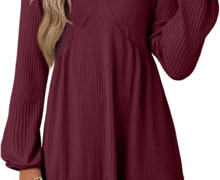 Dokotoo Fall Dresses for Women 2025 Long Sleeve V Neck Lightweight Ribbed Knit Empire Waist Casual A Line Swing Mini Dress