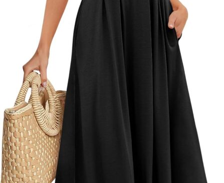 ANRABESS Women’s Summer Casual Dress Short Sleeve Crewneck Pleated Waisted Swing Flowy 2025 A Line Beach Maxi Long Dresses
