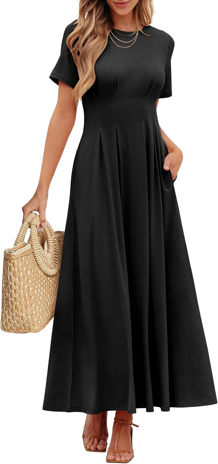 ANRABESS Women’s Summer Casual Dress Short Sleeve Crewneck Pleated Waisted Swing Flowy 2025 A Line Beach Maxi Long Dresses