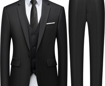 WULFUL Men’s Slim Fit 3 Piece Suit, One Button Solid Blazer Business Party Jacket Vest Pants Set