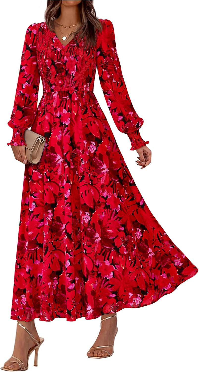 BTFBM Women Fall Wedding Guest Maxi Dresses 2025 Floral V Neck Long Sleeve Boho Long Dress Vacation