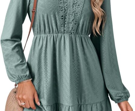 Dokotoo Fall Dresses for Women 2025 Elegant Lace Hollow Out Embroidered V Neck Long Sleeve Casual A-Line Swing Mini Dress