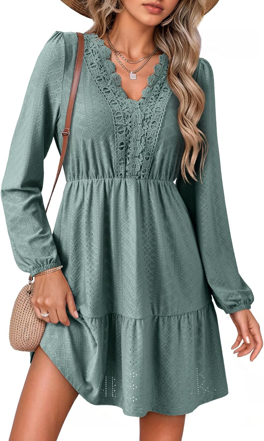 Dokotoo Fall Dresses for Women 2025 Elegant Lace Hollow Out Embroidered V Neck Long Sleeve Casual A-Line Swing Mini Dress