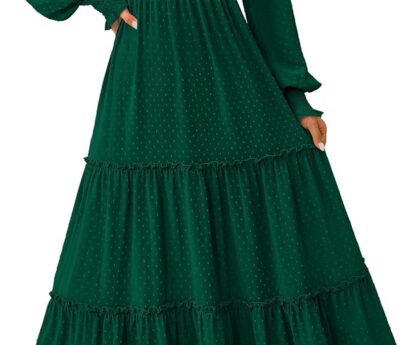 PRETTYGARDEN Women’s Smocked Maxi Dress 2025 Fall Casual Long Sleeve Swiss Dot Ruffle Long Flowy Wedding Guest Dresses