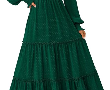 PRETTYGARDEN Women’s Smocked Maxi Dress 2025 Fall Casual Long Sleeve Swiss Dot Ruffle Long Flowy Wedding Guest Dresses