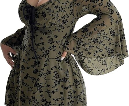 Floerns Women’s Plus Size Floral Gothic Dress Flare Long Sleeve Mesh Grunge A Line Dress