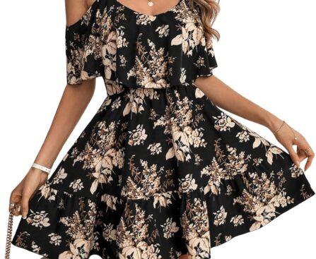SOLY HUX Women’s Boho Floral Print Cold Shoulder Dress Short Sleeve Ruffle A Line Vacation Elegant Mini Dresses