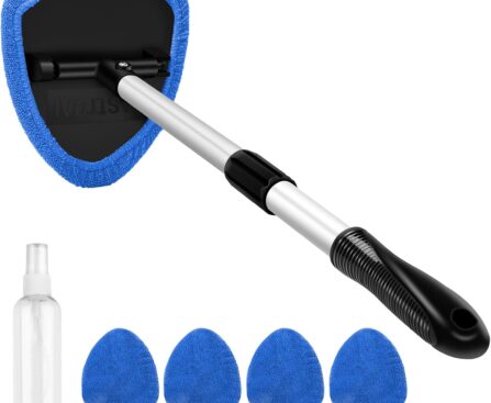AstroAI Windshield Cleaner Tool, Car Interior Detailing Cleaning Kit with Extendable Handle and 4 Upgraded High-Density Reusable Microfiber Pads, Auto Glass Wiper Brush Kit for Cars, Blue, 15.9in-21in